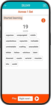 App screen showing a word set with each word ranked from started learning to almost learnt