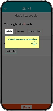 Post-quiz review screen grouping the words you missed, scraped through and aced