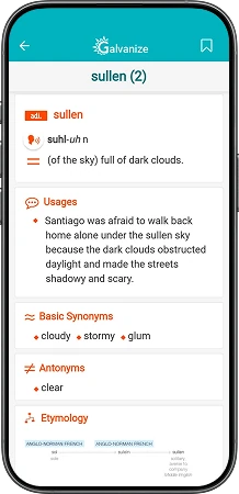 Word detail screen listing usages, basic and advanced synonyms, antonyms and etymology