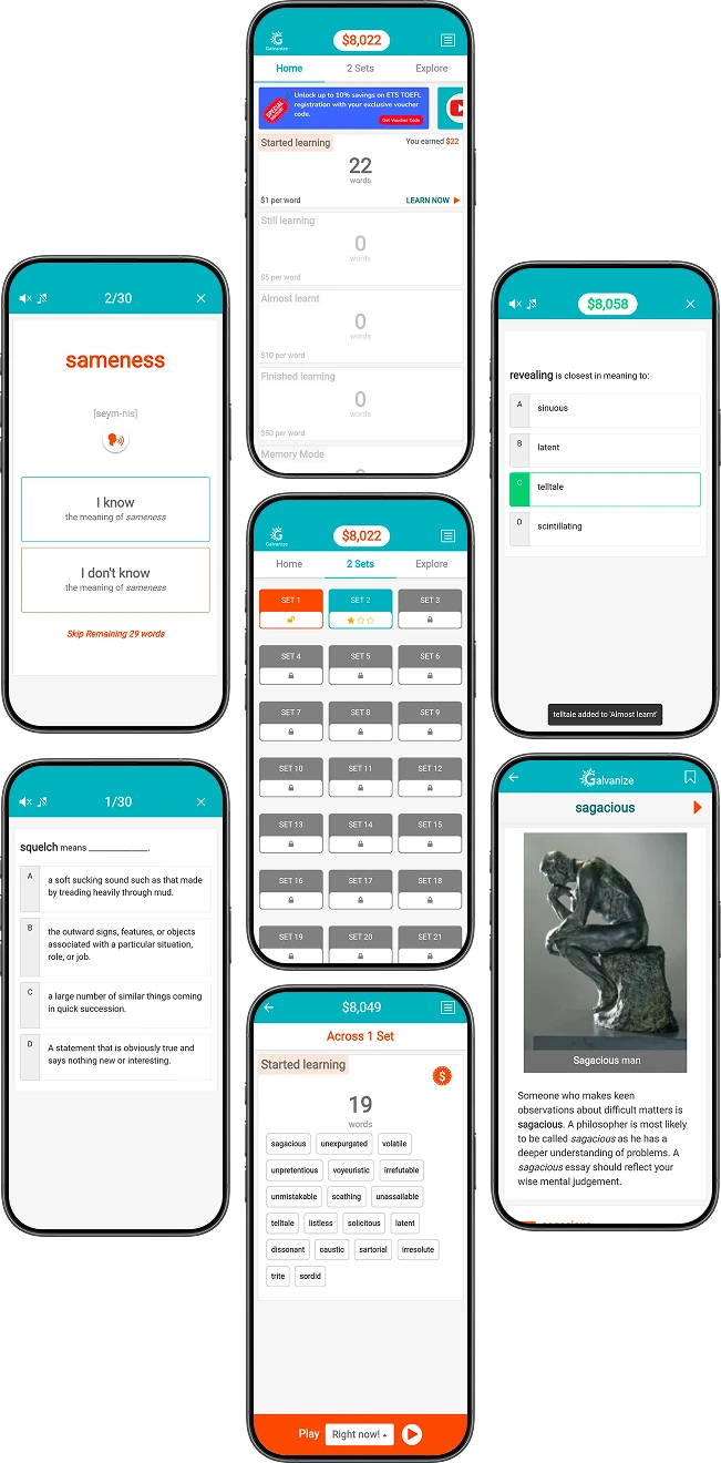 Vocabulary Builder app screens showing word sets, a quiz and a word detail view