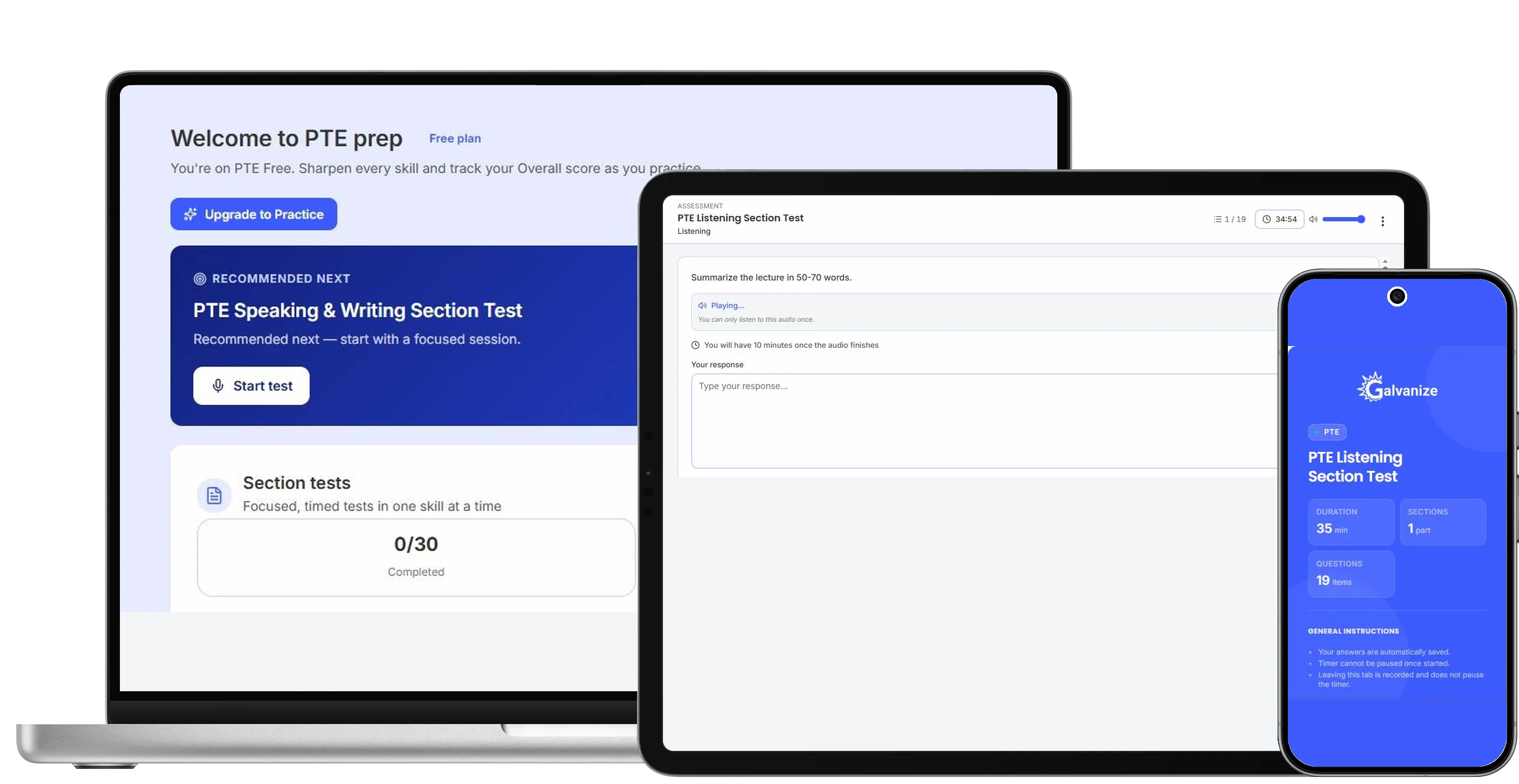 PTE Listening section test on a laptop: a Highlight Correct Summary question and the auto-graded result