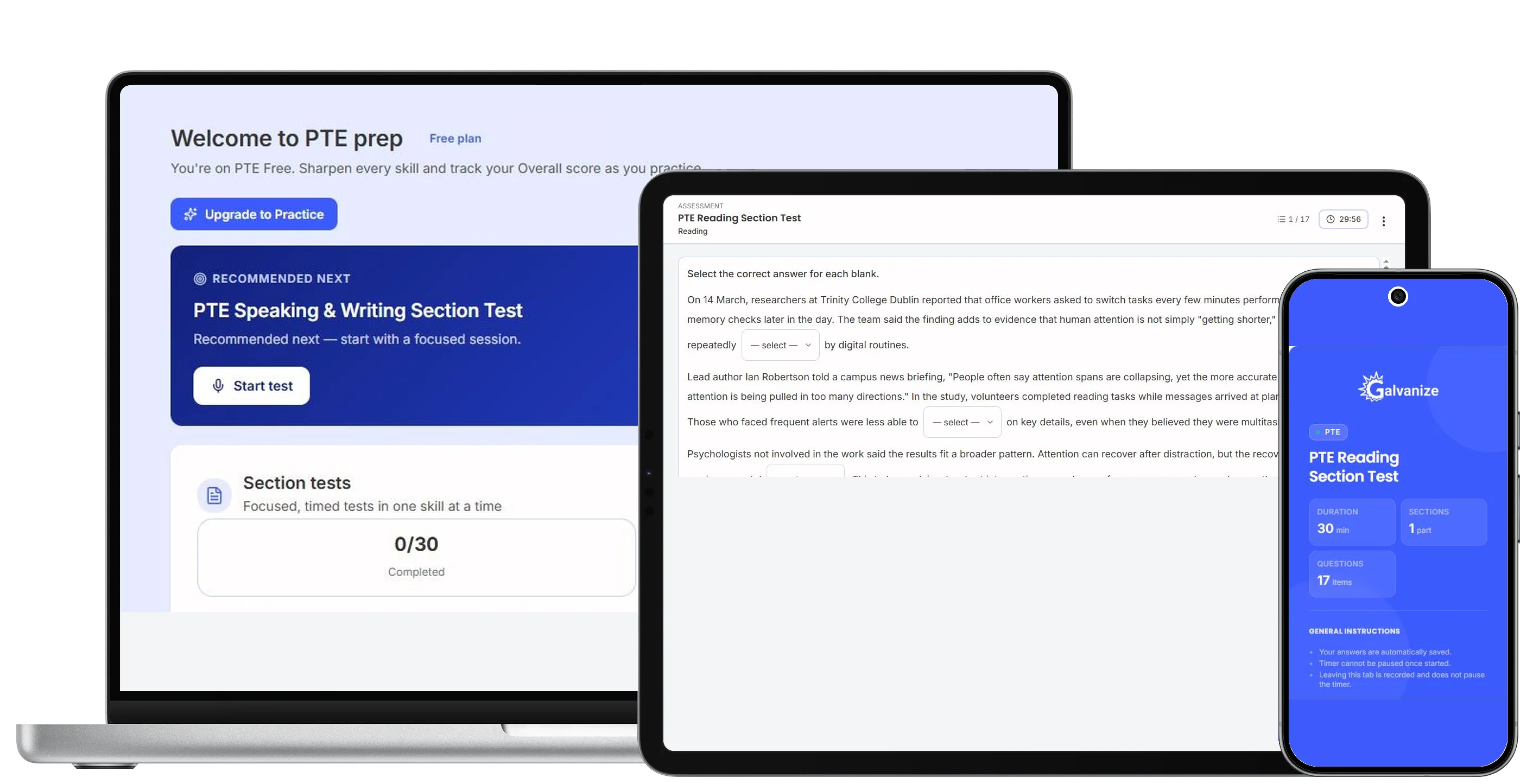 PTE Reading section test on a laptop: a Re-order Paragraphs question and the auto-graded result