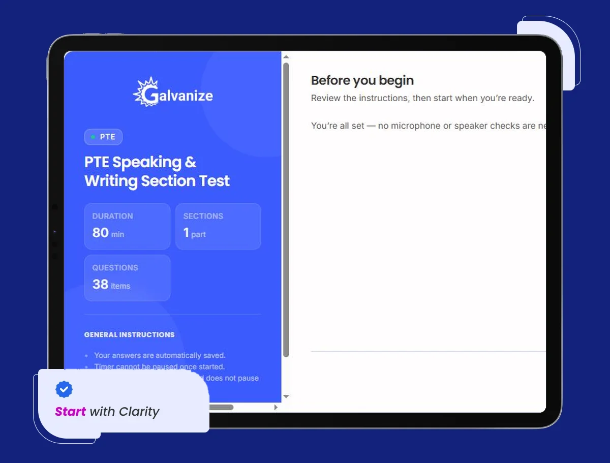 PTE Speaking & Writing section test start screen: 38 items in 80 minutes
