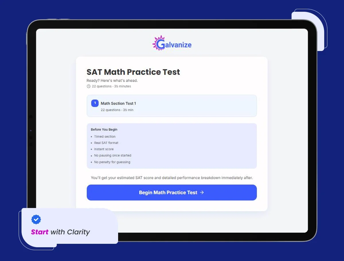 SAT Math practice test start screen: 22 questions in 35 minutes