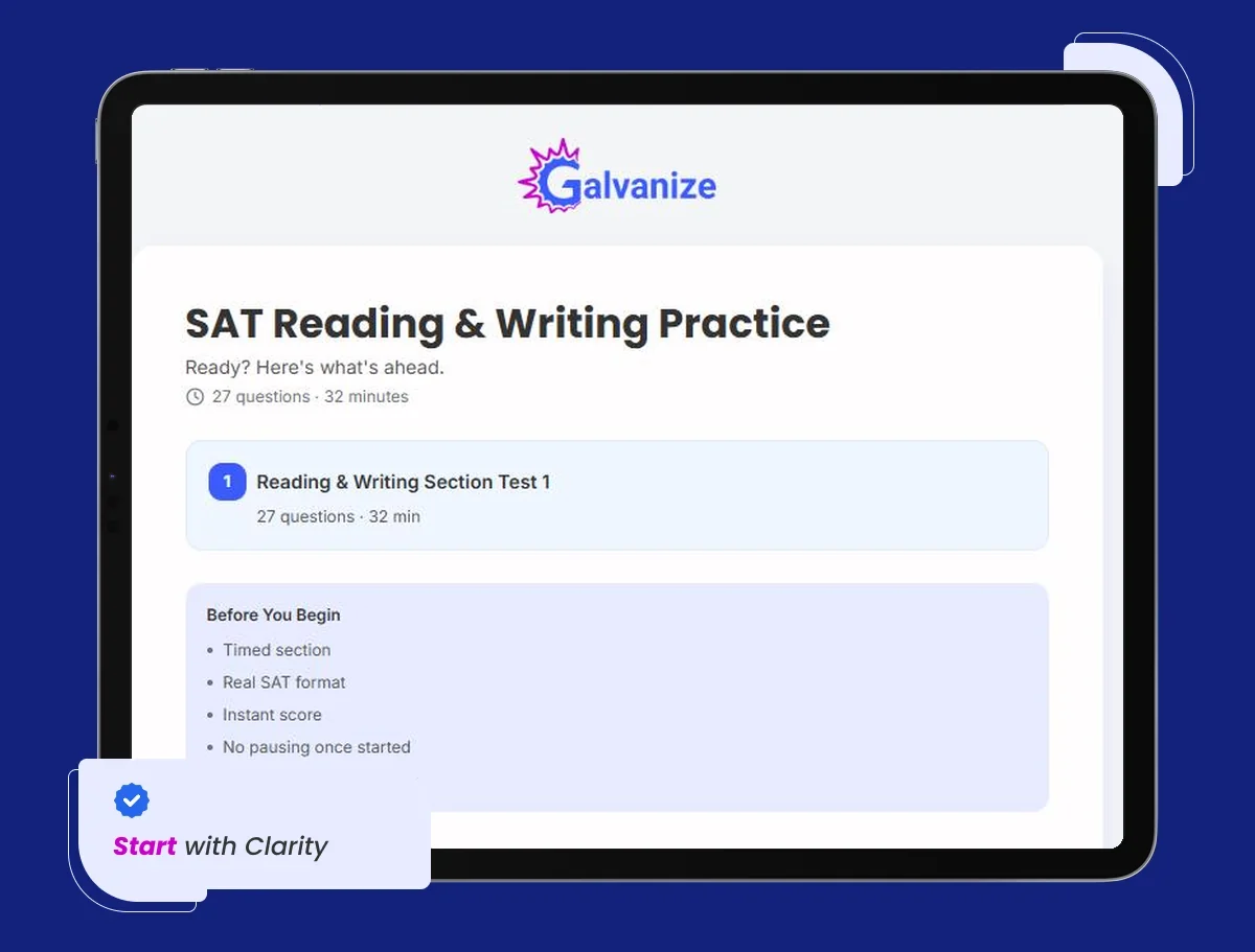 SAT Reading and Writing practice test start screen: 27 questions in 32 minutes