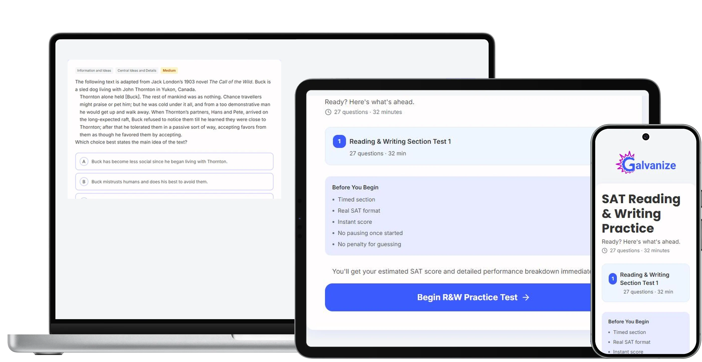 SAT Reading and Writing practice on laptop, tablet and phone: a practice question and the test start screen