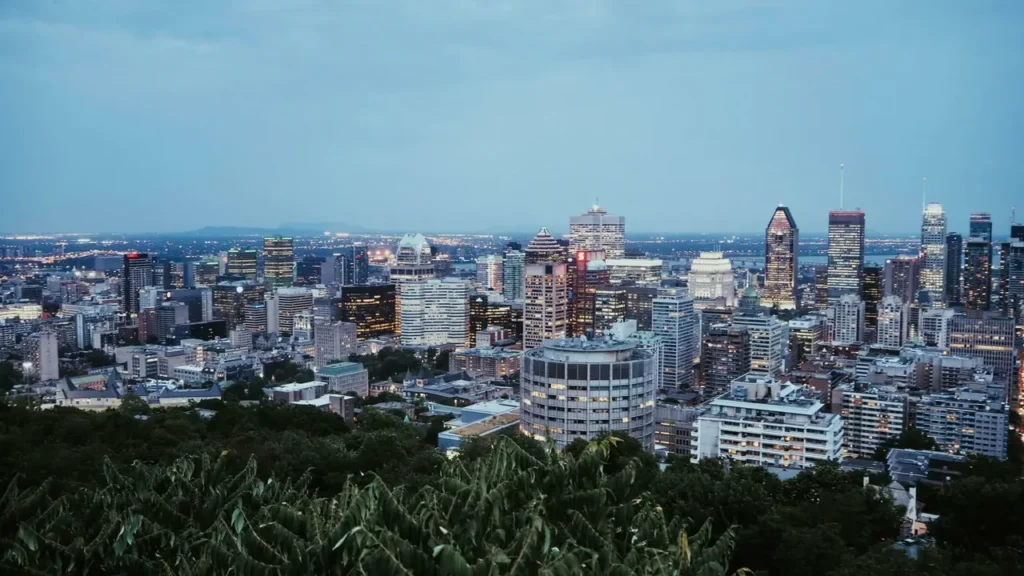 Aerial view of the Montreal city skyline seen over green treetops at dusk