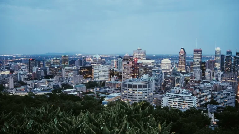 Aerial view of the Montreal city skyline seen over green treetops at dusk