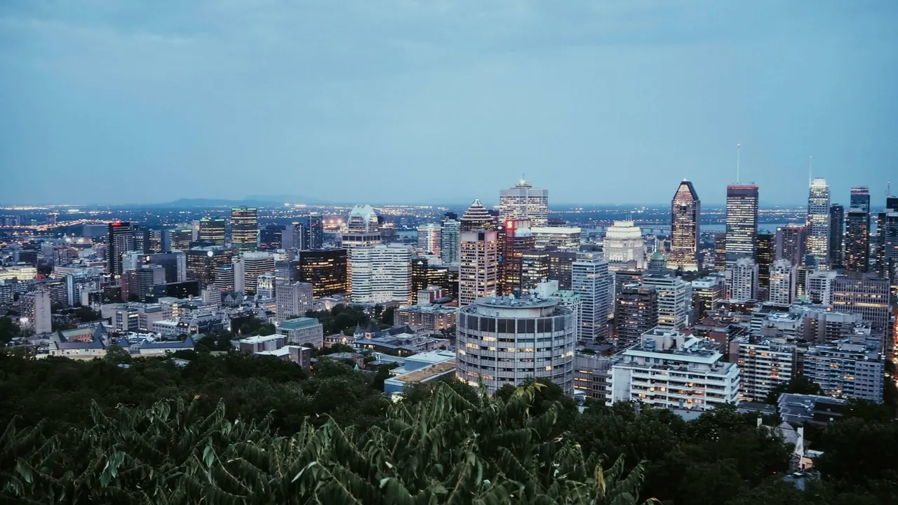 Aerial view of the Montreal city skyline seen over green treetops at dusk