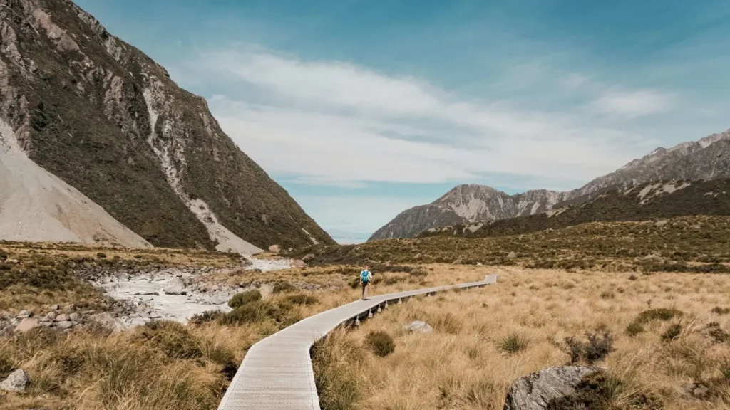 A boardwalk path running through a wide New Zealand valley between mountains