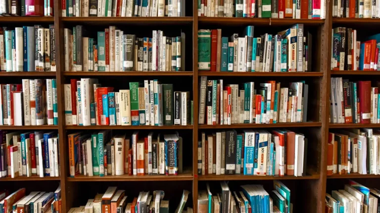 Rows of hardback books packed tightly across full-height wooden library shelves