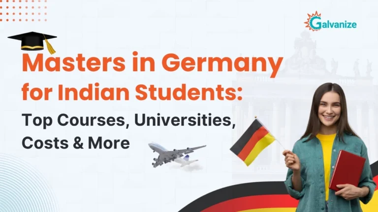 Banner reading "Masters in Germany for Indian Students: Top Courses, Universities, Costs & More" beside a student holding a book and a German flag