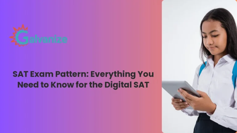 A student in a white school shirt and blue backpack reading a tablet, beside the Galvanize logo and the heading "SAT Exam Pattern: Everything You Need to Know for the Digital SAT," on a purple-to-pink gradient.
