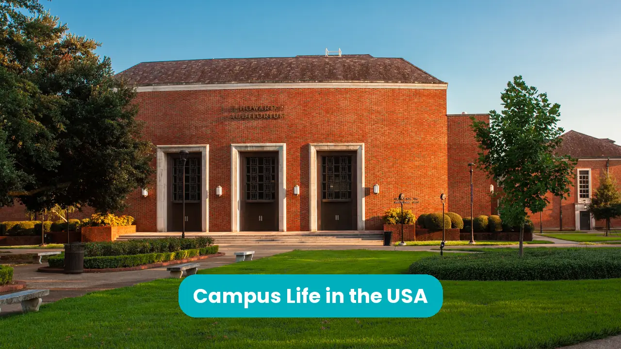 Photo of a university auditorium viewed from the quad, with a teal title banner.