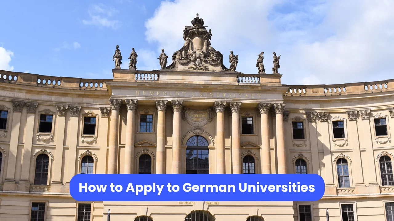 Facade of Humboldt University in Berlin, with neoclassical architecture and sculptures.