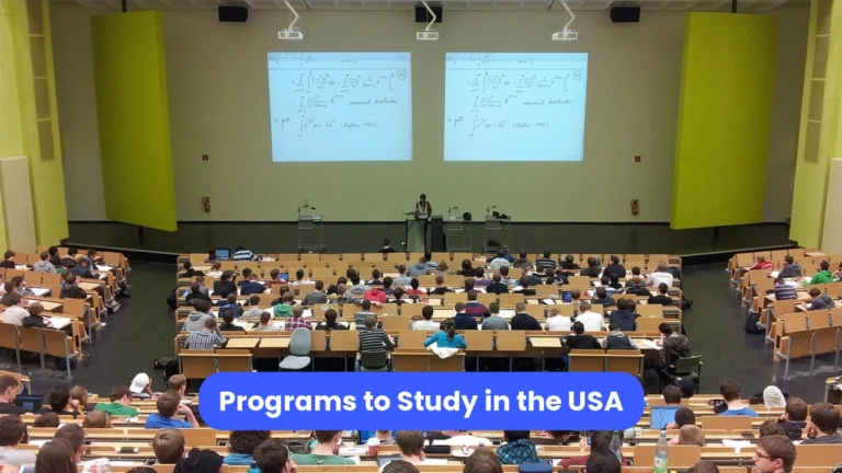 Photo of a packed university lecture hall viewed from above, with a blue title banner.