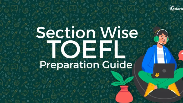 Banner reading "Section Wise TOEFL Preparation Guide" beside an illustration of a student at a laptop