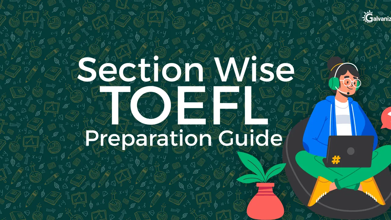 Banner reading "Section Wise TOEFL Preparation Guide" beside an illustration of a student at a laptop