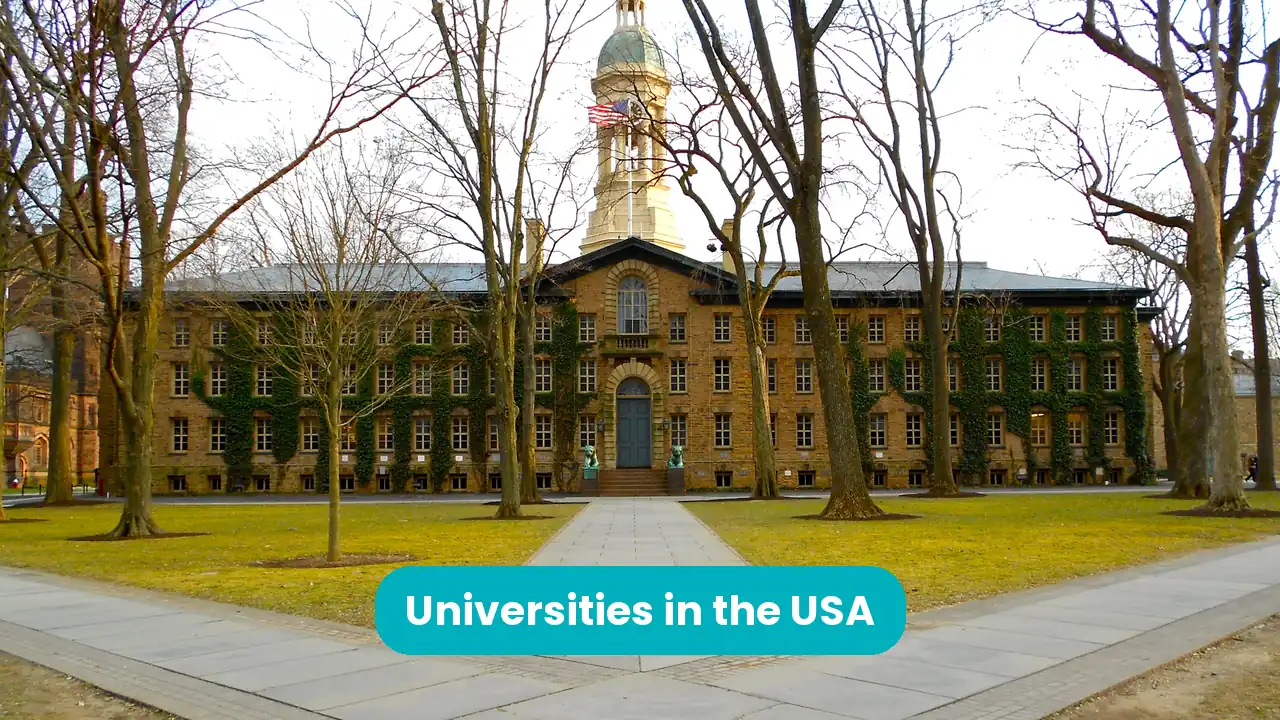 Photo of Nassau Hall at Princeton University, with a teal title banner.