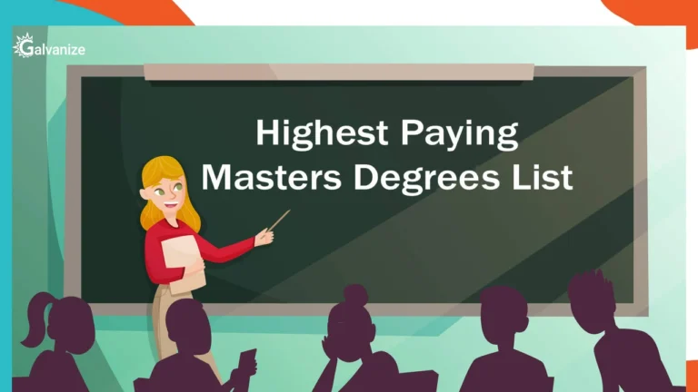 Illustration of a teacher pointing at a green chalkboard reading "Highest Paying Masters Degrees List," in front of a class of silhouetted students, with the Galvanize logo top left.