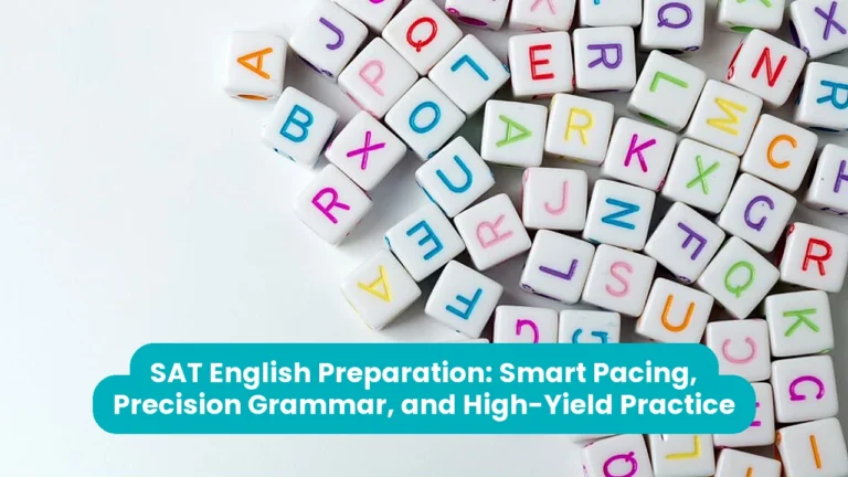 Close-up of scattered white alphabet-bead cubes printed with colourful letters on a white surface, with a teal banner reading "SAT English Preparation: Smart Pacing, Precision Grammar, and High-Yield Practice."
