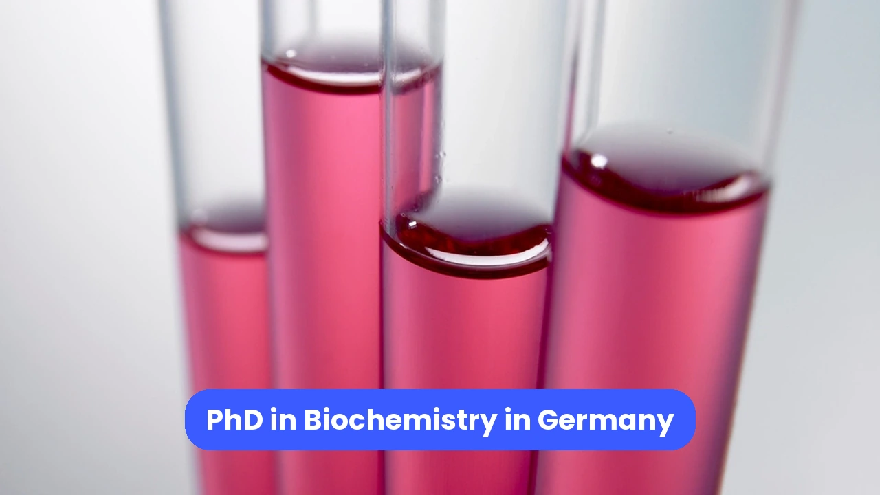 Close-up of four test tubes filled with pink liquid, with a blue title banner.