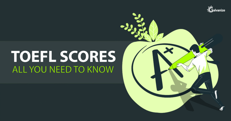 TOEFL Scores: All You Need to Know — an illustration of a person drawing a large A+ inside a circle with an oversized green pencil.