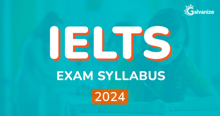 IELTS Exam Syllabus 2024 — white and orange lettering over a faded teal photograph of a student writing at a desk.
