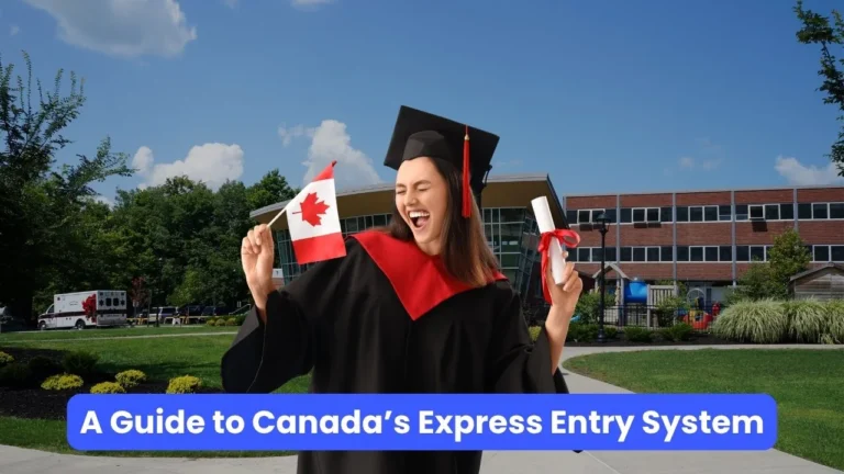 A Guide to Canada's Express Entry System: graduate in cap and gown holding a Canadian flag and diploma