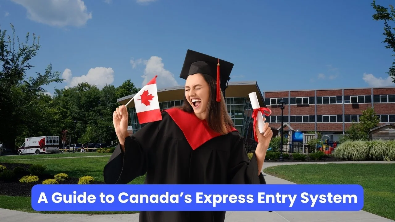A Guide to Canada's Express Entry System: graduate in cap and gown holding a Canadian flag and diploma