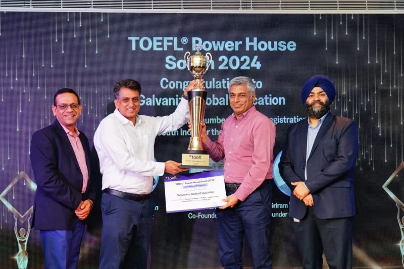 Galvanize honored as a TOEFL Powerhouse South '24 by ETS officials Dr. Hardarshdeep, Amit Goyal and Sachin Jain