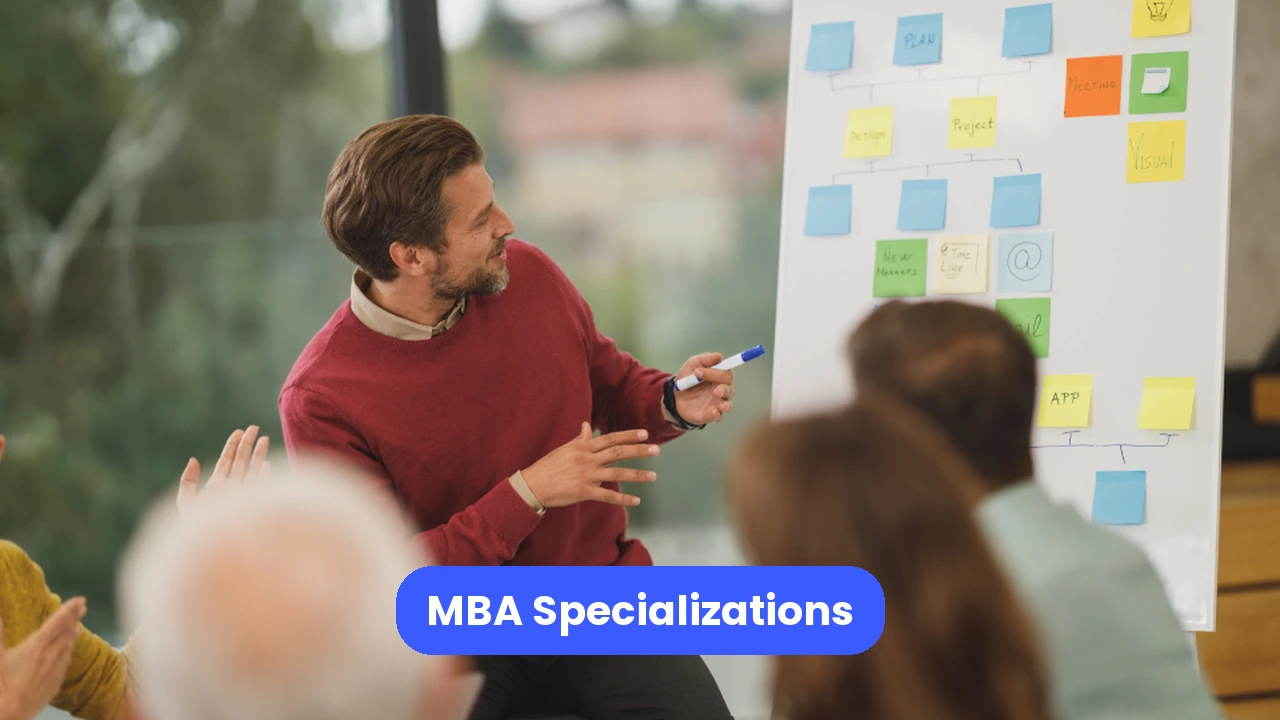 Photo of a businessperson giving a presentation, with a blue title banner.