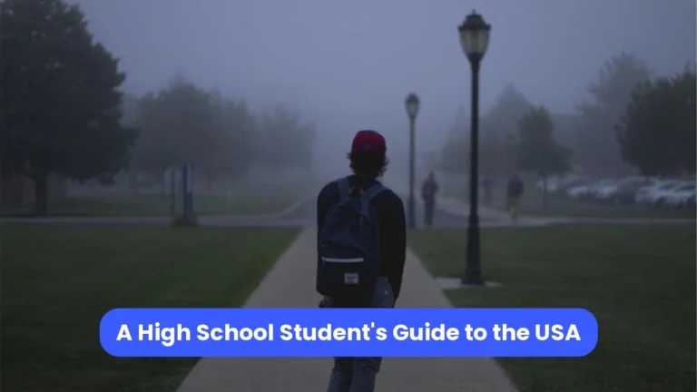 Photo of a student wearing a backpack, with a blue title banner.