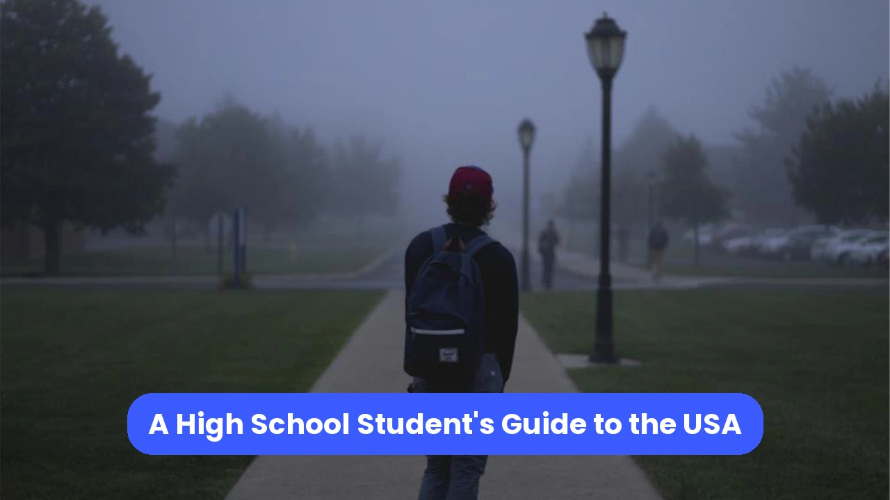 Photo of a student wearing a backpack, with a blue title banner.
