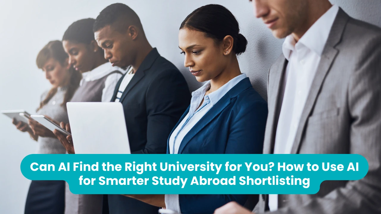 Banner reading 'Can AI Find the Right University for You? How to Use AI for Smarter Study Abroad Shortlisting' across a photograph of five people standing against a plain grey wall in business dress, each looking down at a laptop or tablet
