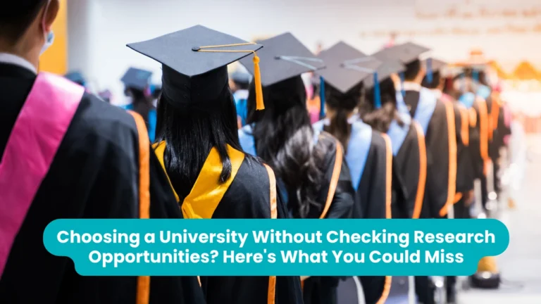 Banner reading 'Choosing a University Without Checking Research Opportunities? Here's What You Could Miss' across a photograph of graduating students seen from behind in a receding line, wearing black caps and gowns with orange and blue stoles