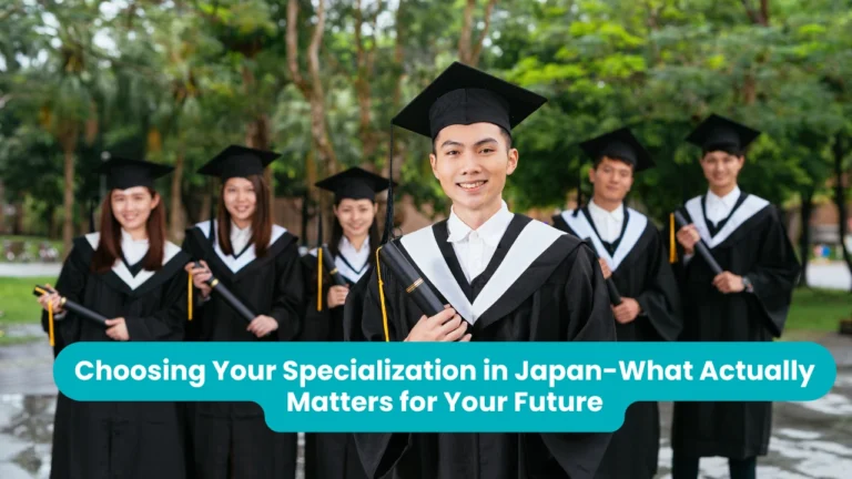 Choosing your specialization in Japan: six graduates in caps and gowns holding their diplomas on a tree-lined university campus