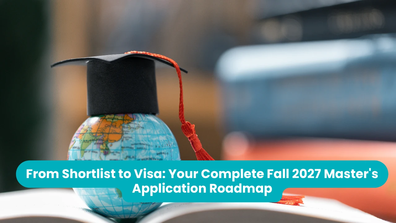 Banner reading 'From Shortlist to Visa: Your Complete Fall 2027 Master's Application Roadmap' across a photograph of a small globe wearing a black graduation cap with a red tassel, resting on an open book
