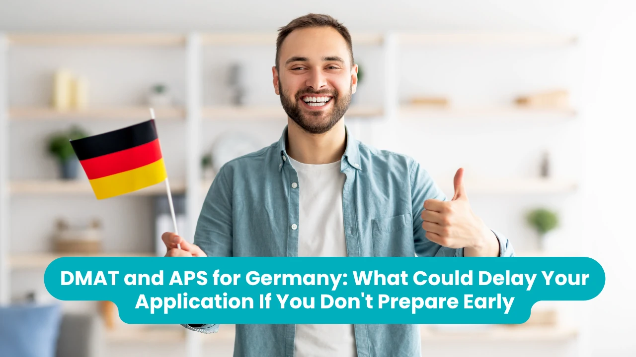 Banner reading 'DMAT and APS for Germany: What Could Delay Your Application If You Don't Prepare Early' across a photograph of a smiling bearded man holding a small German flag and giving a thumbs up in a bright room with white shelves