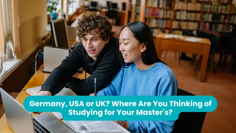 Banner reading 'Germany, USA or UK? Where Are You Thinking of Studying for Your Master's?' across a photograph of two students leaning over a laptop and open textbooks at a library desk, tall bookshelves behind them.