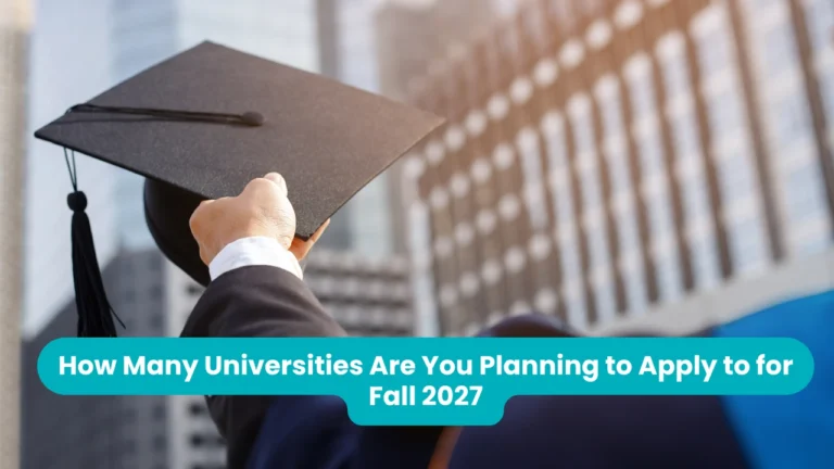 Banner reading 'How Many Universities Are You Planning to Apply to for Fall 2027' across a photograph taken from behind a graduate in a dark suit raising a black mortarboard toward tall office buildings