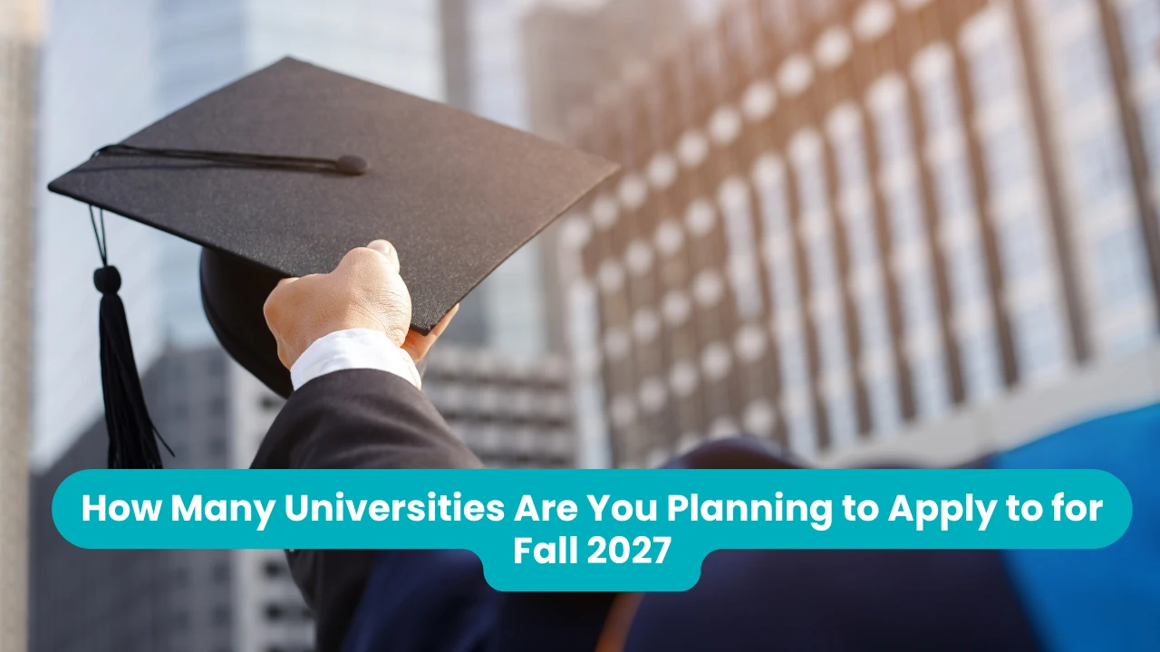 Banner reading 'How Many Universities Are You Planning to Apply to for Fall 2027' across a photograph taken from behind a graduate in a dark suit raising a black mortarboard toward tall office buildings