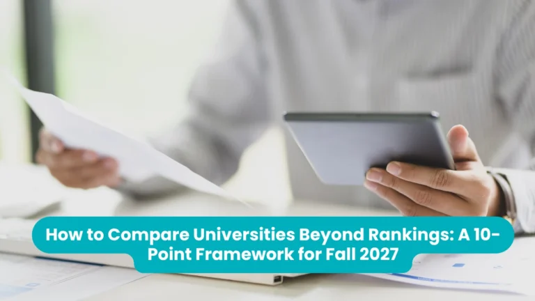 Banner reading 'How to Compare Universities Beyond Rankings: A 10-Point Framework for Fall 2027' across a photograph of a person in a grey striped shirt holding a printed sheet in one hand and a tablet in the other above a desk of documents
