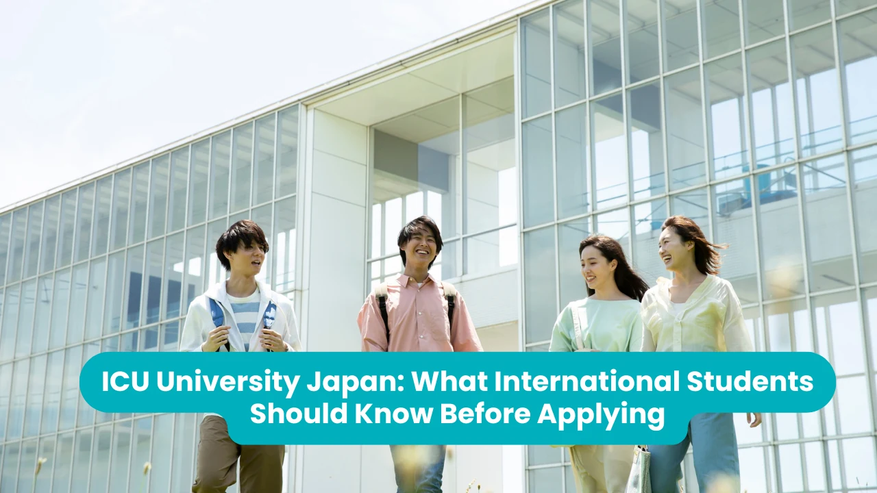 ICU University Japan: four students walking and talking together outside a modern glass-fronted university building