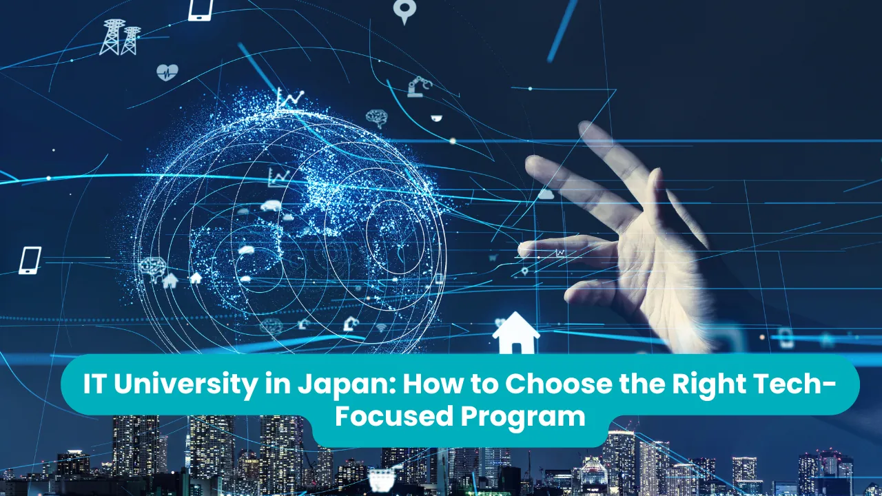 IT university in Japan: a hand reaching toward a glowing blue globe of network connections and technology icons above a night-time city skyline