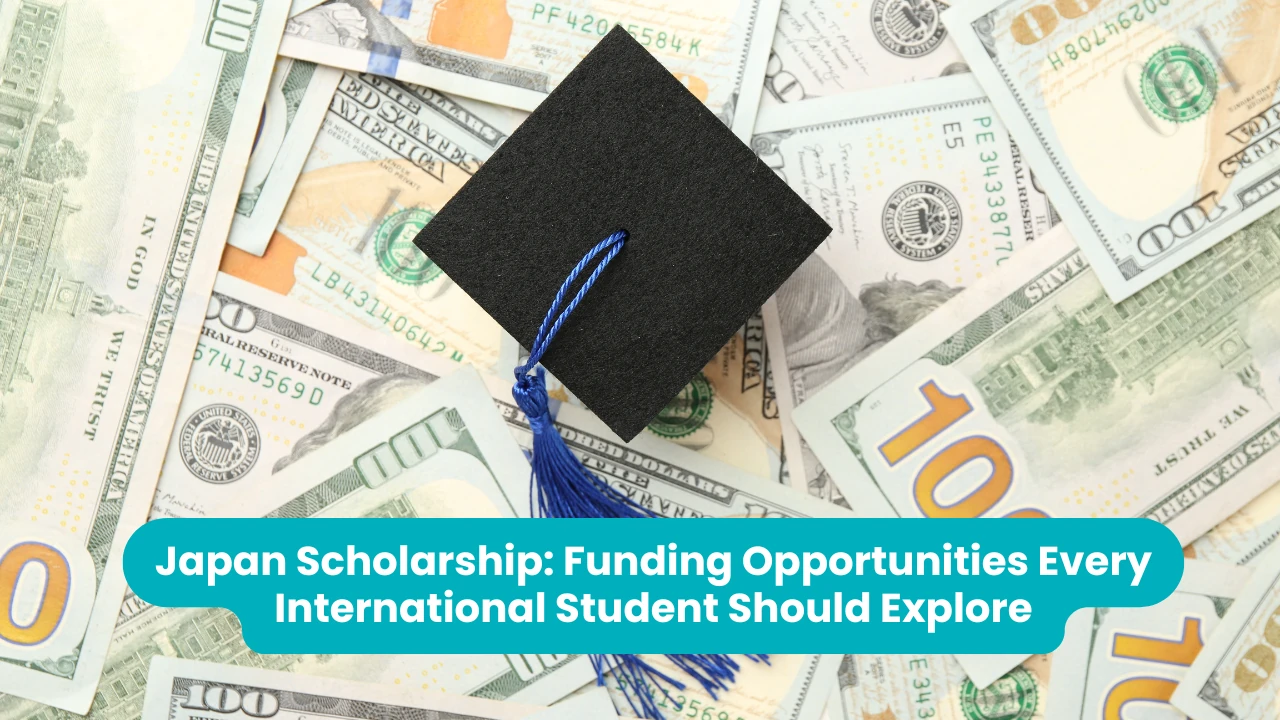Japan Scholarship: Funding Opportunities Every International Student Should Explore — a black graduation cap with a blue tassel lying on a scattered pile of US hundred-dollar bills