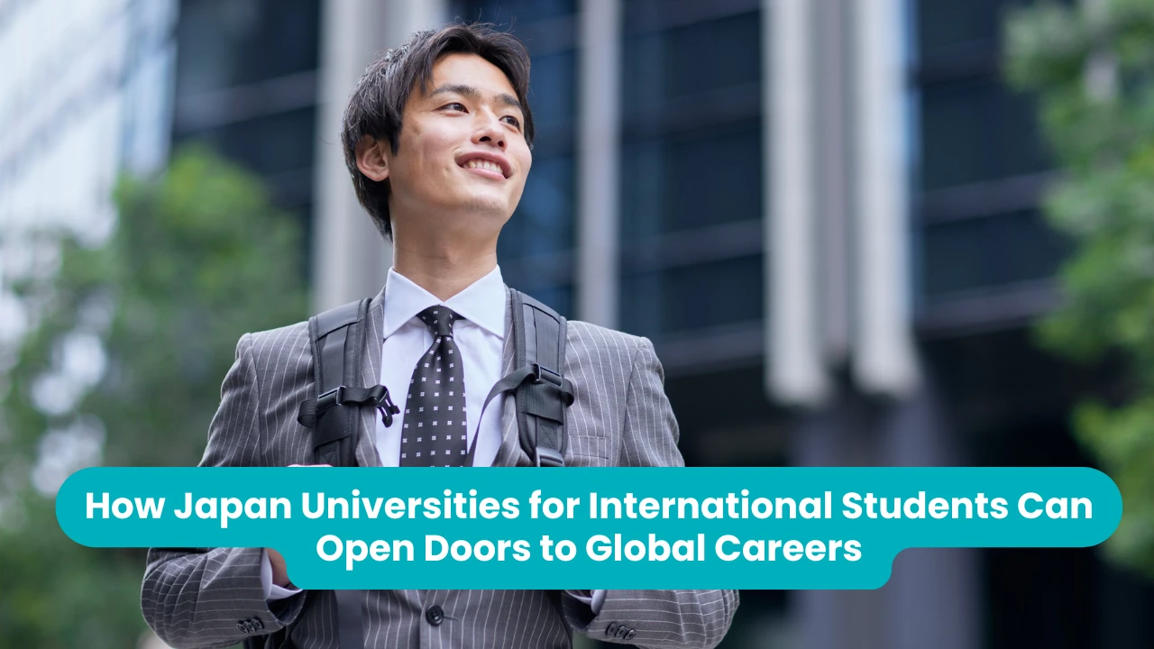 How Japan Universities for International Students Can Open Doors to Global Careers — a young man in a pinstriped suit and backpack standing outside a glass office building, looking up and away from the camera
