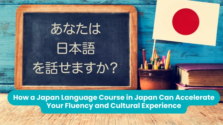 A chalkboard on a blue wooden wall reading あなたは日本語を話せますか? beside a Japanese flag, a pot of coloured pencils and a stack of books