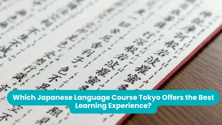 Which Japanese Language Course Tokyo Offers the Best Learning Experience? — a close-up of a page of Japanese text in vertical brush-written columns on cream paper, bound with a dark red spine and lying on a wooden desk
