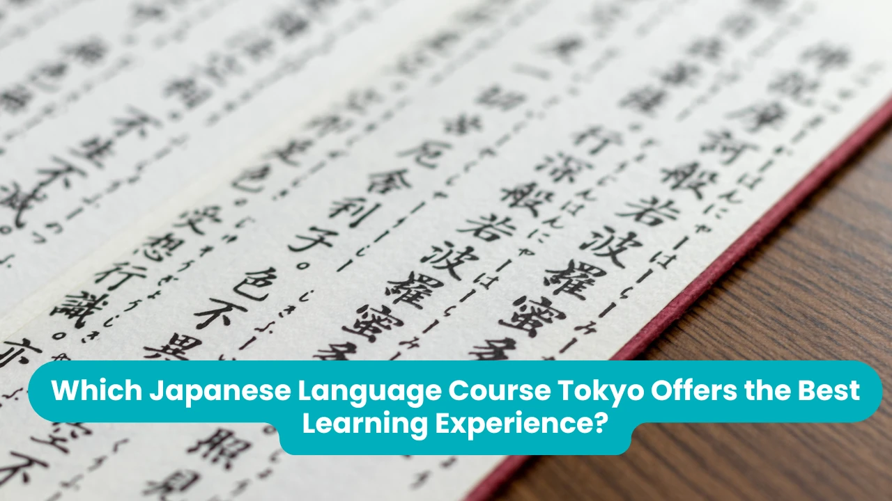 Which Japanese Language Course Tokyo Offers the Best Learning Experience? — a close-up of a page of Japanese text in vertical brush-written columns on cream paper, bound with a dark red spine and lying on a wooden desk